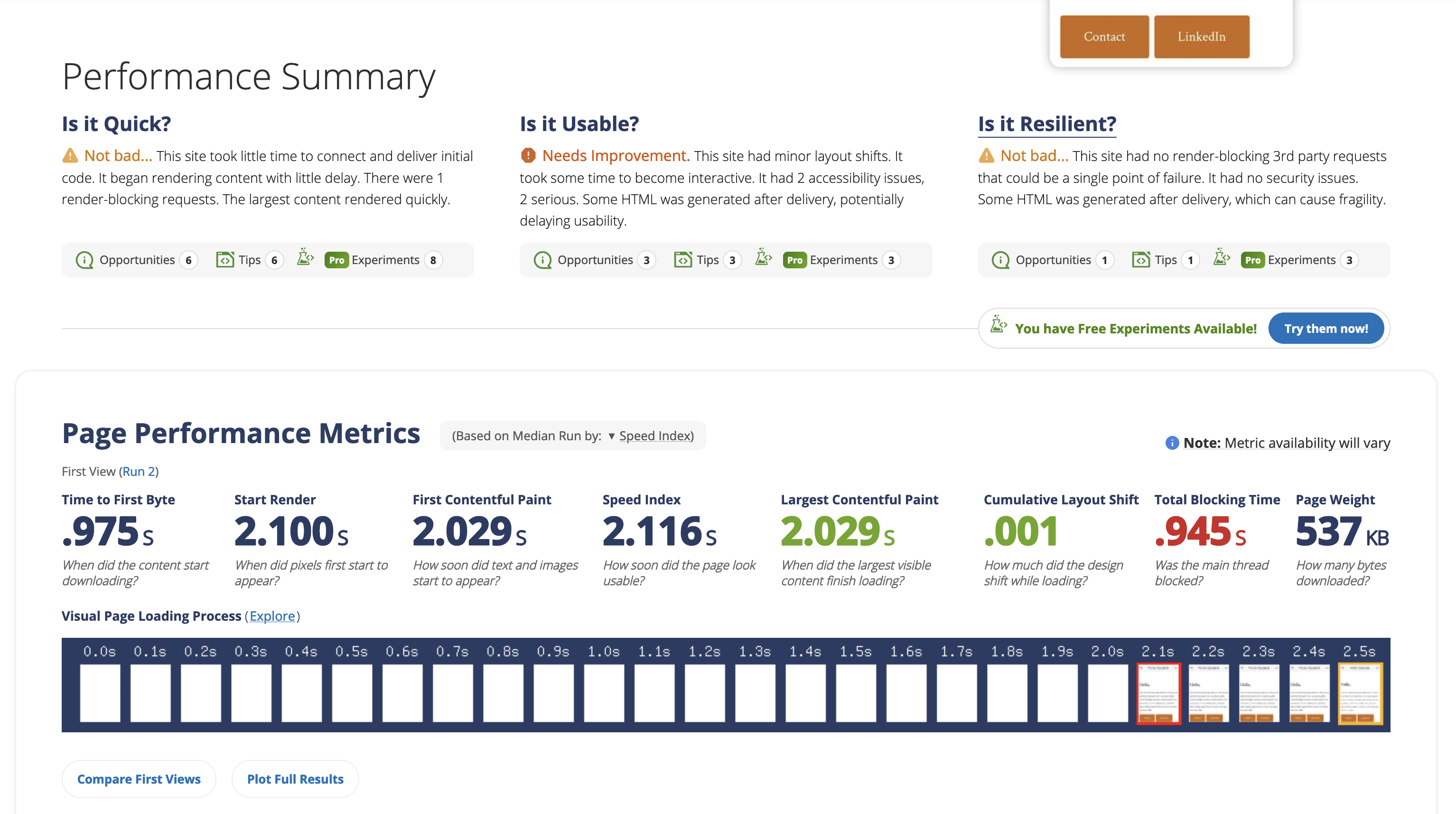 Performance Summary Report from WebPageSpeed